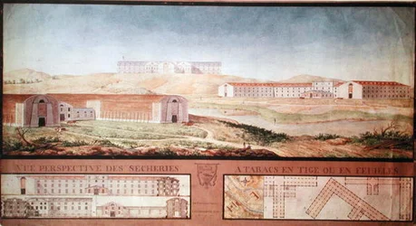 Vue en perspective des usines de séchage du tabac, 1813